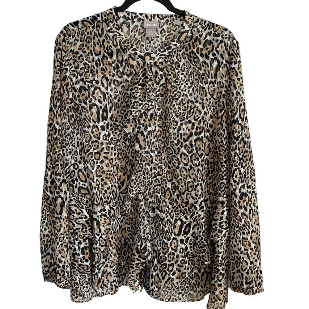 Chico’s Ruffle Front Blouse Tiered Peplum Hem Sz 3 (16/18) Animal Print Feminine